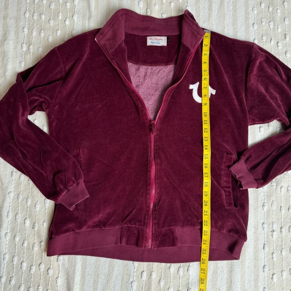 True Religion unisex burgundy velour zip up collared sweatshirt size large - Picture 2 of 8